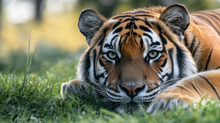 Obraz premium Close-up of a majestic tiger resting in the grass, with intense eyes