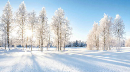 Fototapeta premium A captivating winter wonderland with tall, frosted trees and a blanket of fresh snow covering the ground. 