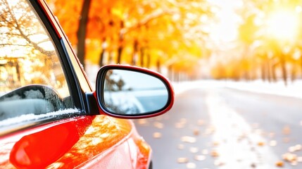 Obraz premium Car side mirror reflecting traffic on a snowy city street