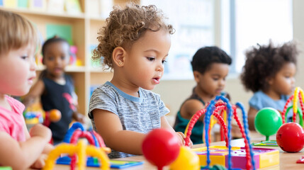 A serene classroom scene featuring a group of diverse young children engaging in hands-on learning activities. 