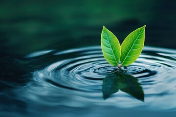 Two Green Leaves Floating on Still Water with Ripples