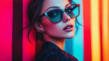 Portrait of a stylish woman wearing unique glasses with vibrant neon stripes in the background, expressing fashion and modern youth culture. 