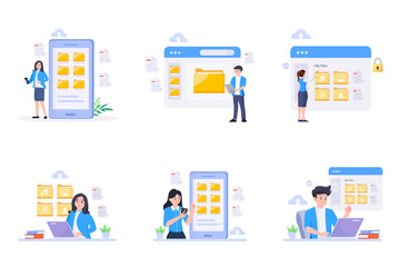 File management concept. Data storage. Folders, documents and media content.