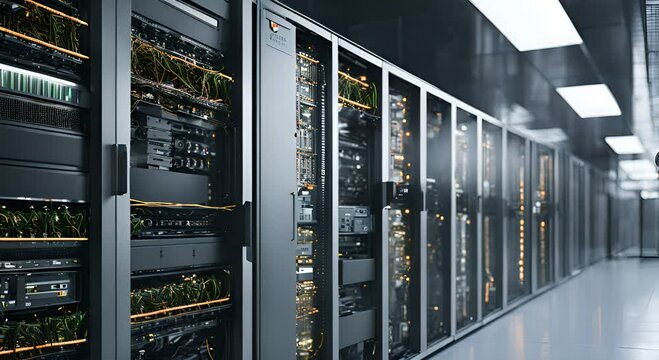 Detailed shot of a computer server room in a manufacturing facility highlighting the extensive use of AI and ML algorithms to use and optimize large amounts of production 4k animation
