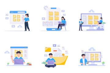 File management concept. Data storage. Folders, documents and media content.