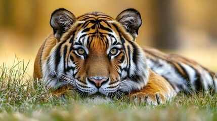 Naklejka premium Close-up of a majestic tiger resting in the grass, with intense eyes