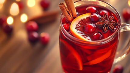 A close-up of a glass of mulled wine with cranberries, orange slices, cinnamon sticks, and star anise, with a festive Christmas background