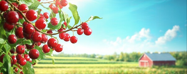 Frame made of branches with cranberries, rural countryside landscape, background with copy space