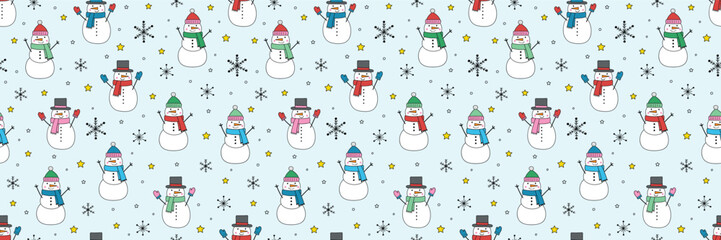 Colourful Christmas background with cute hand drawn snowman and snowflakes. Seamless pattern design. Vector illustration
