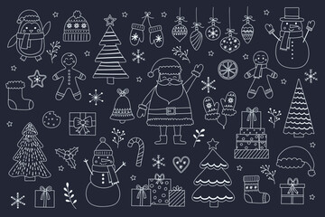 Christmas ornament elements. Set with cute decorations and characters: Santa Claus, snowman, cookie. Vector illustration