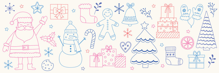 Colourful Christmas icon set. Hand drawn holiday characters and ornaments. X-Mas clip art design. Vector illustration