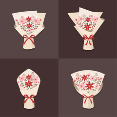 Vector red and pink daisy flower bouquet isolated set with ribbon.