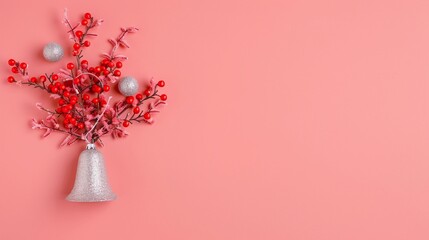 Silver Christmas bell with red berries, red ornaments on pink background, festive holiday decor, minimalist design, clear copyspace, joyful vibes, holiday theme, seasonal design.

