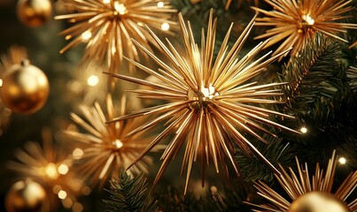 Naklejka premium Golden starburst ornaments catching the light on a beautifully decorated Christmas tree, each starburst radiating with warmth and elegance