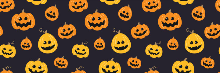 Cute Halloween pattern with hand drawn pumpkin lanterns. Seamless texture design. Vector illustration