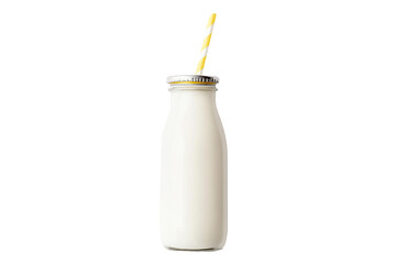 Glass bottle filled with milk or yogurt and a pink-striped straw inserted. Isolated on a white background, representing dairy or healthy drink concept