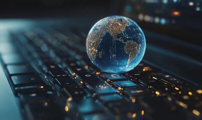Global computer network communication, internet business and marketing concept, blue transparent Earth globe on laptop keyboard macro view
