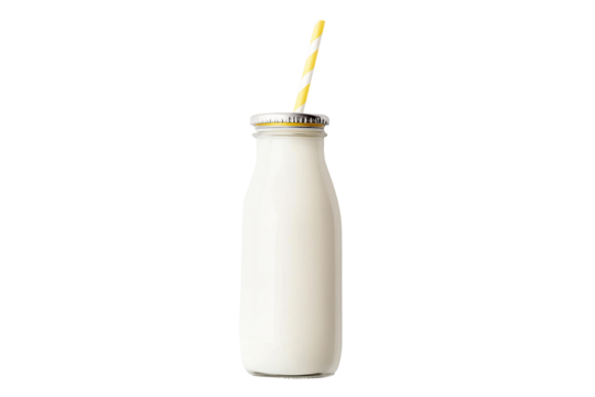 Glass bottle filled with milk or yogurt and a pink-striped straw inserted. Isolated on a white background, representing dairy or healthy drink concept