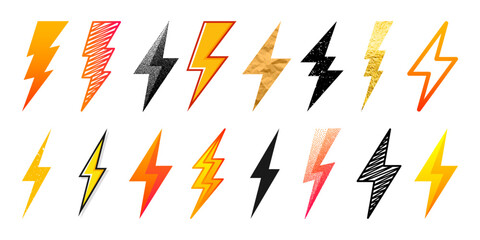 Lightning bolt icons collection. Golden, grunge, stippled, hand drawn flash symbol, thunderbolt. Dot drawing. Simple lightning strike sign. Vector illustration