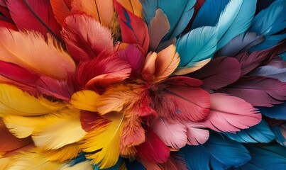 Explosion of vibrant multi-colored feathers creating a textured background, symbolizing diversity and creativity