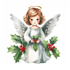 Fototapeta premium Cute little Christmas Angel with holly decoration