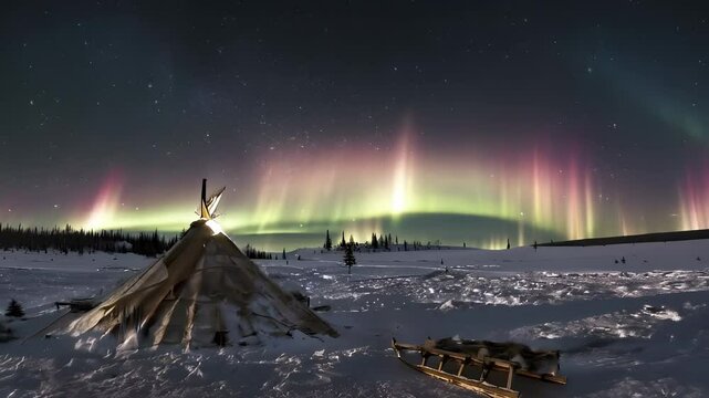 Yakut community beneath northern lights, with traditional camp setup visible in Arctic landscape. Resilience, harmony with nature, and deep cultural roots shape everyday life. Northern concept