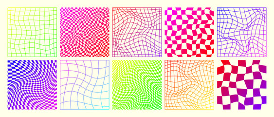 Groovy checkered pattern, neon distorted tiled grid. Vintage wavy curved backdrop, distortion effect. Funky geometric chessboard texture, retro background in 90s style, y2k. Vector illustration