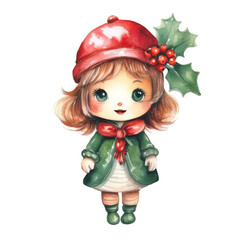 Fototapeta premium Watercolor Christmas girl doll, with Christmas decoration holly and red berries isolated on white background. Smiling girl doll with cute dress, hat and red bow tie.
