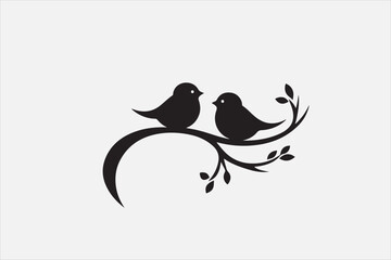 A black silhouette of two small birds sitting on a thin.