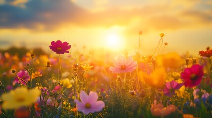 Fototapeta premium sunset over flower field. 