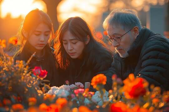 A family of three visits Sheps Memorial, honoring loved ones among vibrant flowers during a serene sunset