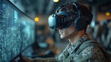 A soldier wearing a virtual reality headset is focused on an advanced training program inside a military command center. The environment is filled with high-tech screens and data.