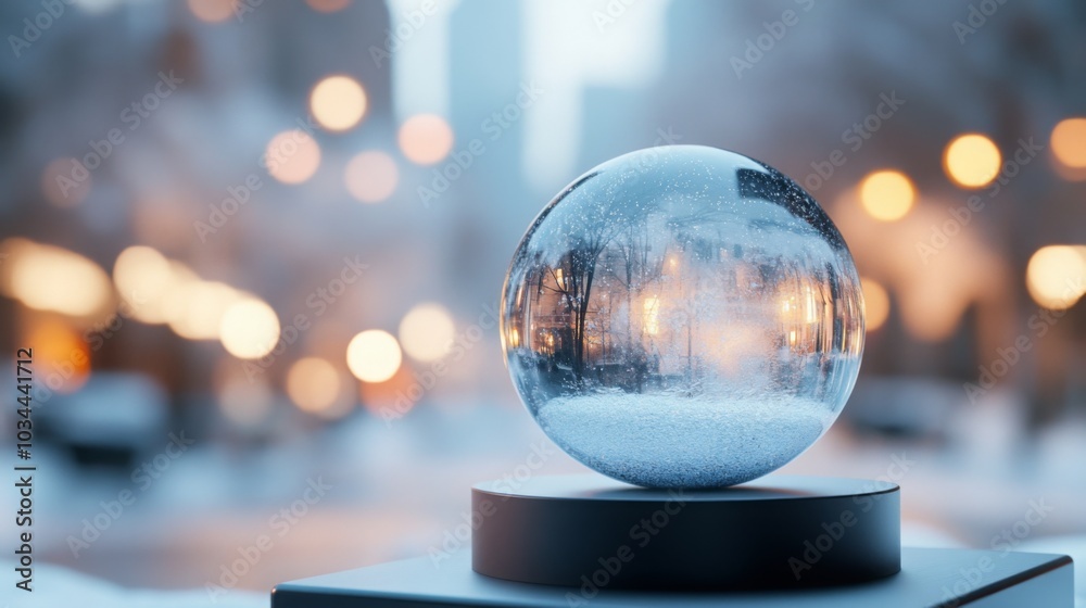Aufkleber a snow globe rests on a display, reflecting a snowy city street illuminated by soft lights. the wint