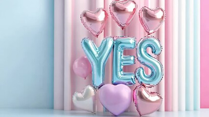 Colorful balloon arrangement with a large YES sign on a pastel background for a celebratory event or announcement