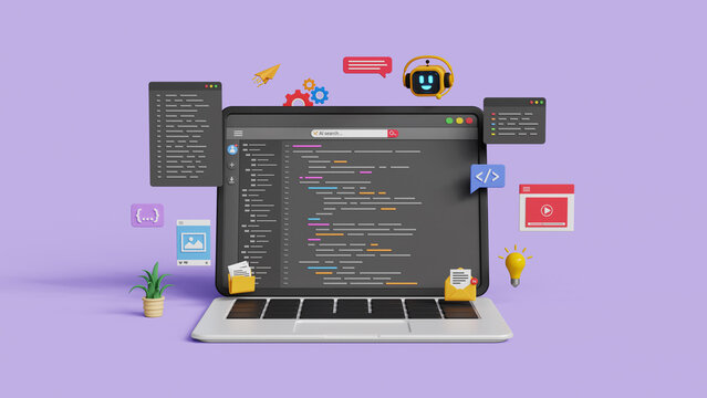 Software development with AI. AI coding assistant. Smart web and app development. 3D robot assistant help to write code. 3D coding UI screen on laptop