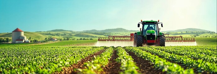 Tractor spraying pesticides, copy space, farm field with young sprouts background, rural landscape