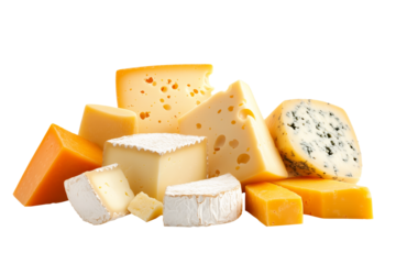 Assorted cheese blocks including Swiss, blue, gouda, and bri isolated on white transparent background. Concept of dairy products and gourmet food selection