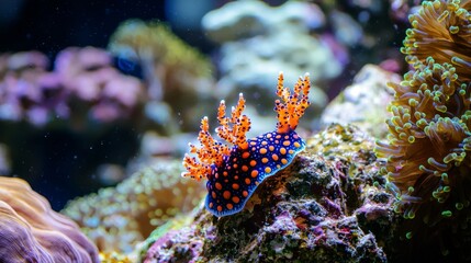 Colorful nudibranch (sea slug) crawling on coral, emphasizing marine beauty