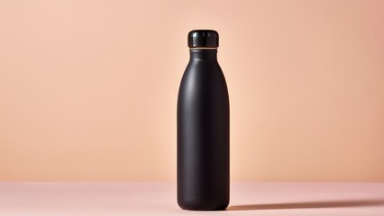 Elegant Black Water Bottle with Glossy Finish on Soft Peach Background
