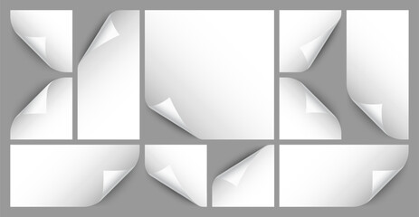 Curled page corner with shadow on transparent background collection. Blank sheet of paper. Vector illustration.