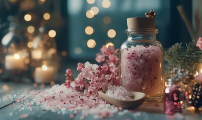 Creating homemade Christmas bath salts with essential oils, dried flowers, and decorative jars for gifting