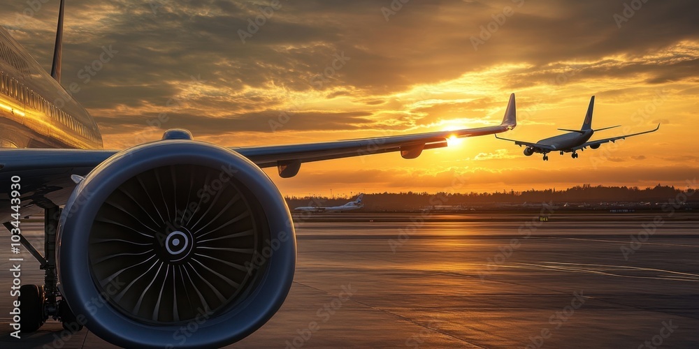 Wall mural an airplane on the runway with its wing and engine visible, with another plane in the background fly