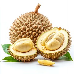 Obraz premium Close-up of durian fruit, whole and cut open.