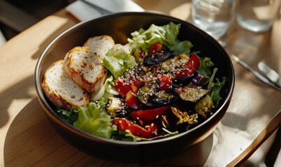 Close-up of a bowl of salad with roasted aubergine, lettuce, cucumber, bell pepper, onion and sesame seeds with white sourdough bread on a table in sunlight