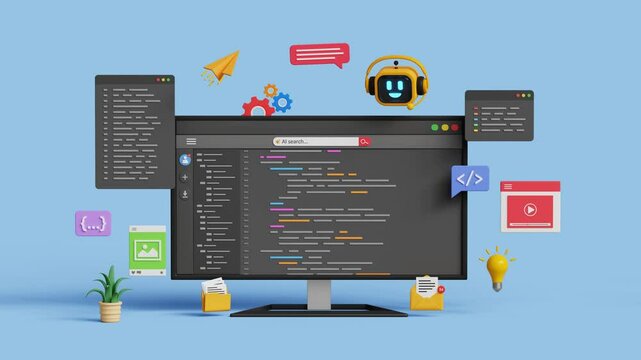 AI code assistant or web development. AI software technology. Software development or coding process concept. 3D smart robot help to write code. Coding UI screen on 3d computer. 4K 3D animation
