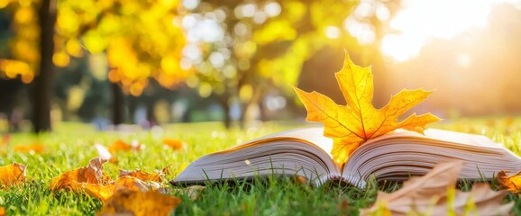 Opened book in green spring grass of garden under bright sun. Learning, reading, literature, education concept. Photorealistic. 24 January, International Day of Education.