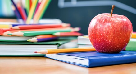 On the table is an apple, books, and a pencil for back to school concept