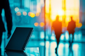 A closeup of a notepad for the agenda on a table in an empty corporate conference room before a meeting