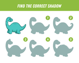 Find correct shadow of blue dinosaur. Educational logical game for children. Cute cartoon dino character. Vector 