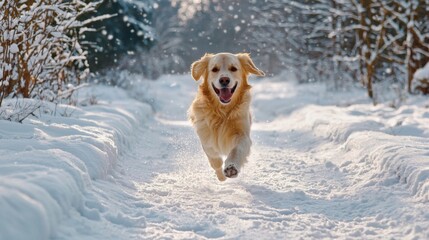 Dog playing in the snow, joyfully bounding through a winter landscape
